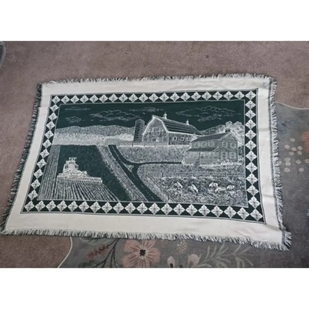 Vintage Pure Country Weavers Woven Cotton Blanket Tapestry Farm Scene Cows Green